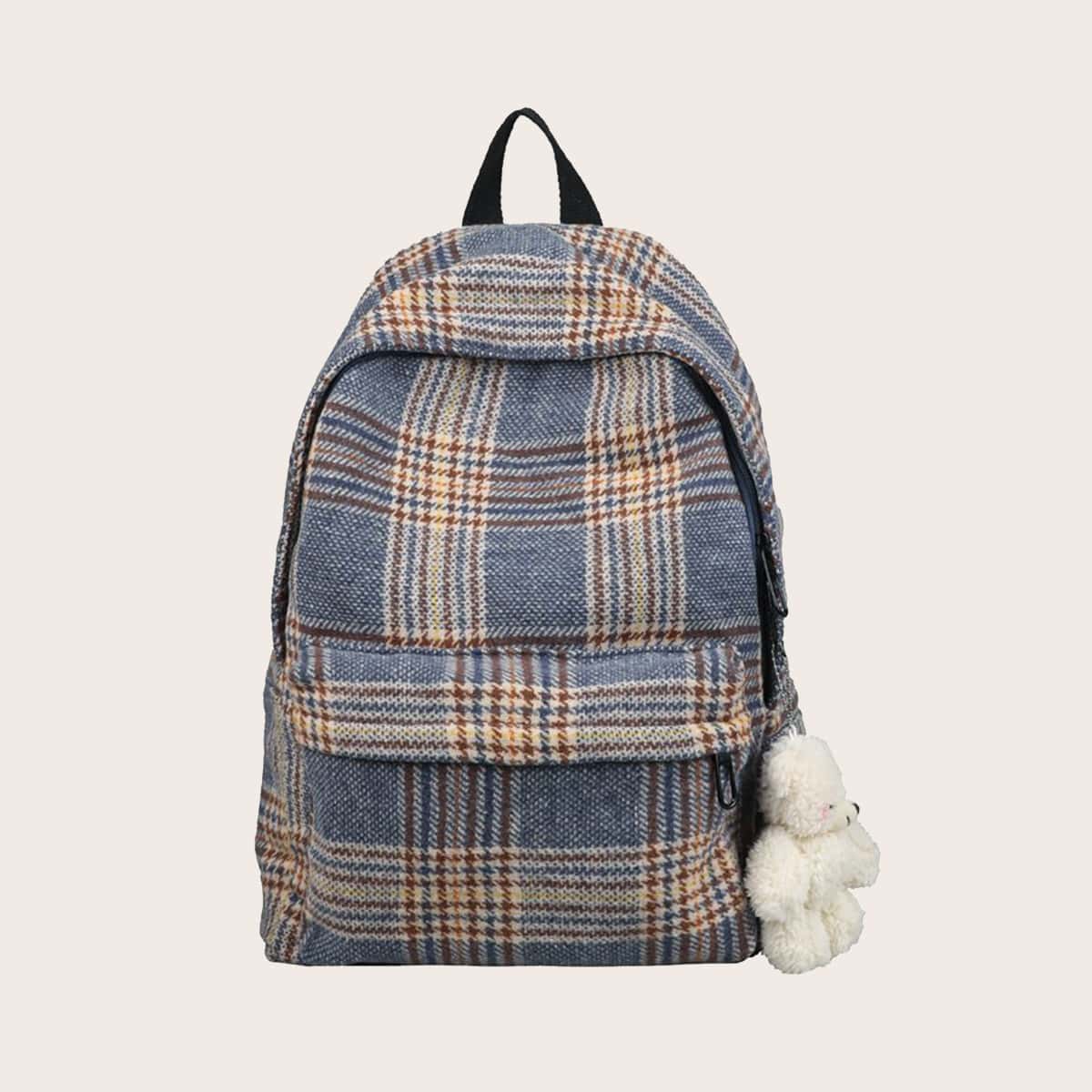 

Cartoon Charm Plaid Pocket Front School Bag, Blue
