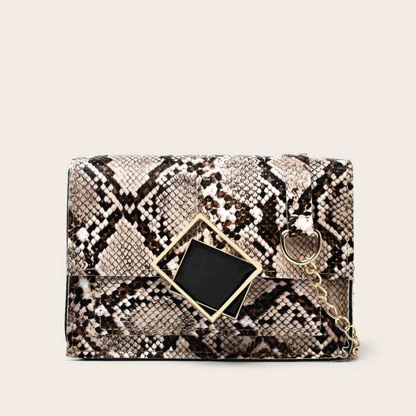

Metal Lock Snakeskin Print Square Bag, Brown