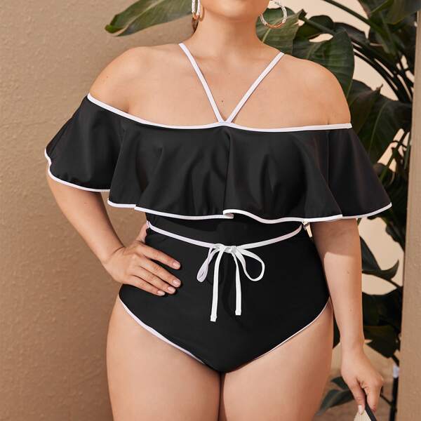 

Plus Contrast Binding Flounce One Piece Swimsuit, Black