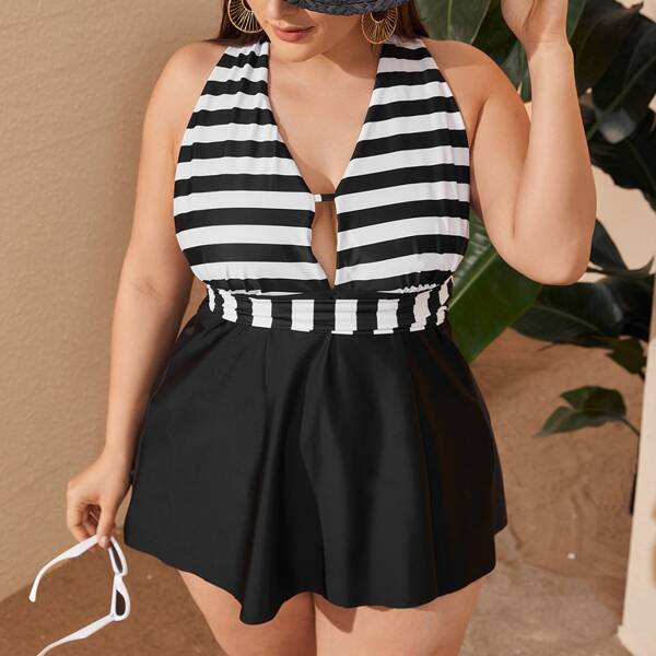 

Plus Striped Crisscross Tie Back Bikini Swimsuit, Black and white