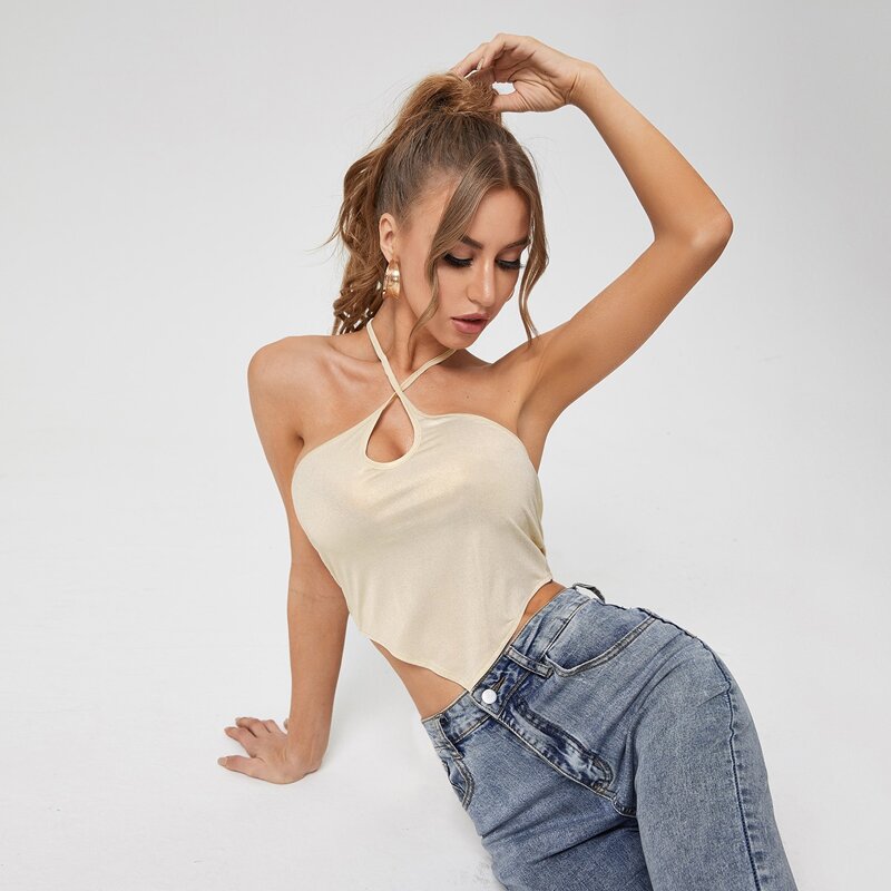 

Tie Back Asymmetric Hem Halter Top, Beige