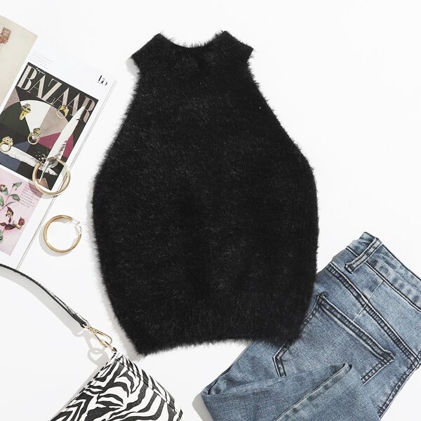 

Fluffy Knit Solid Halter Top, Black