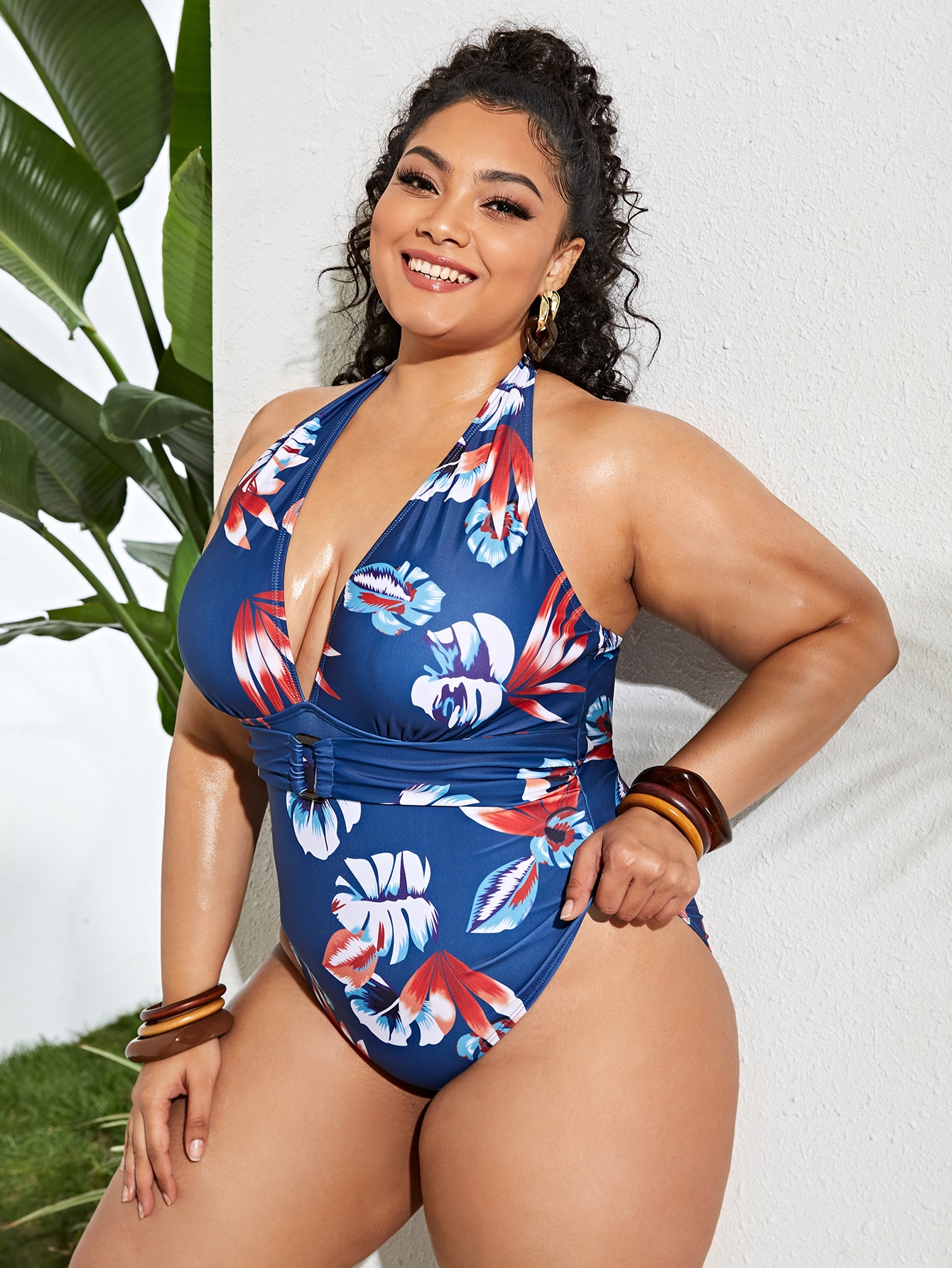 Plus Tropical Plunging Halter One Piece Swimsuit thumbnail