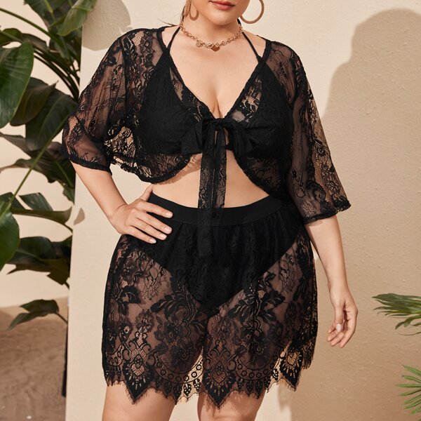 

Plus Floral Lace Knot Front Cover Up Set, Black