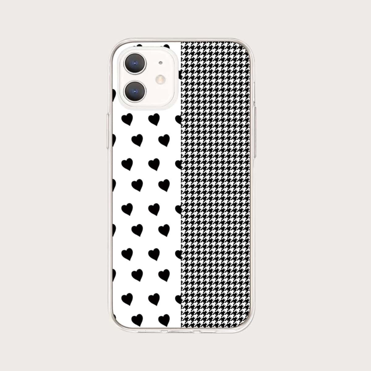 

Houndstooth & Heart Print iPhone Case, Black and white