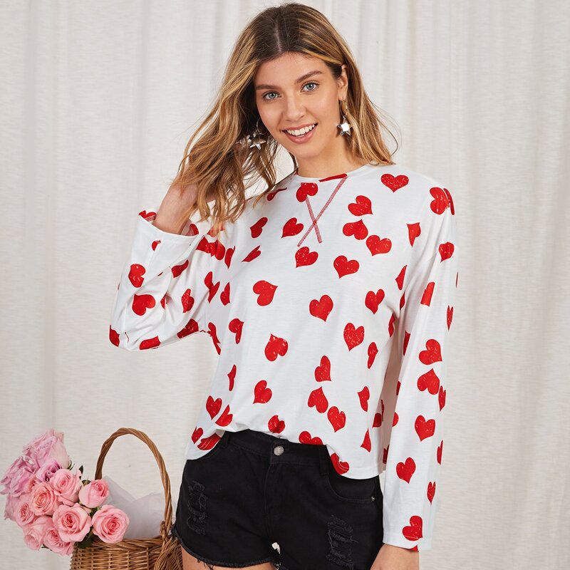 

Drop Shoulder Heart Print Tee, White