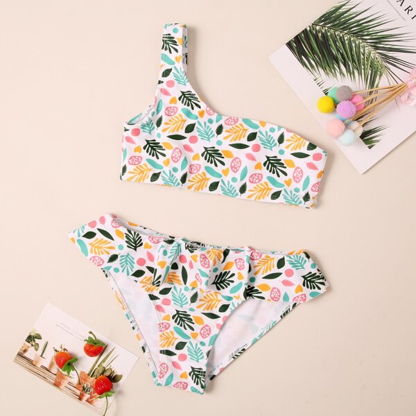 

Girls Floral & Tropical One Shoulder Bikini Swimsuit, Multicolor