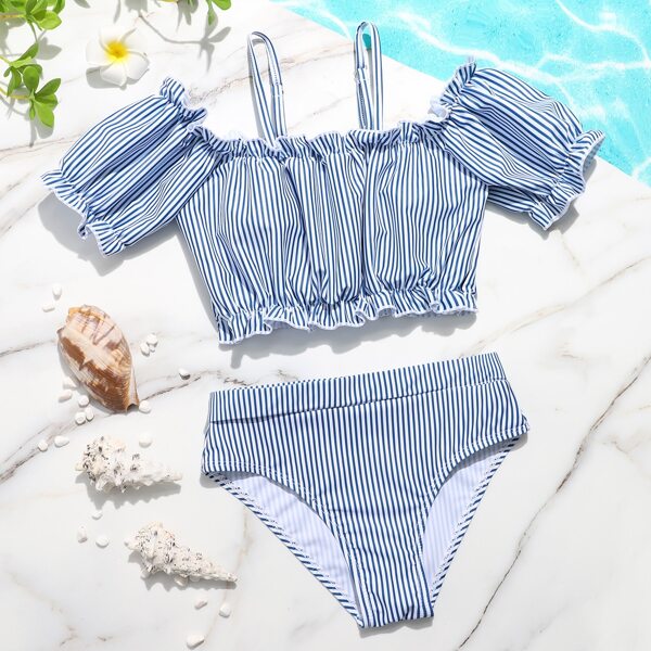 

Girls Striped Ruffle Trim Bikini Swimsuit, Blue and white