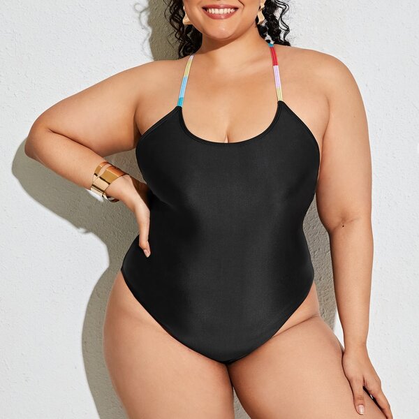 

Plus Crisscross Tie Back One Piece Swimsuit, Black