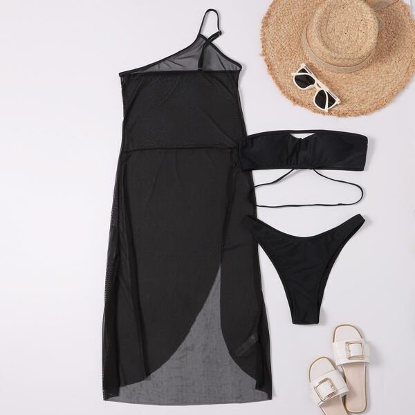 

3pack Bandeau Bikini Swimsuit & Sheer Cover Up, Black