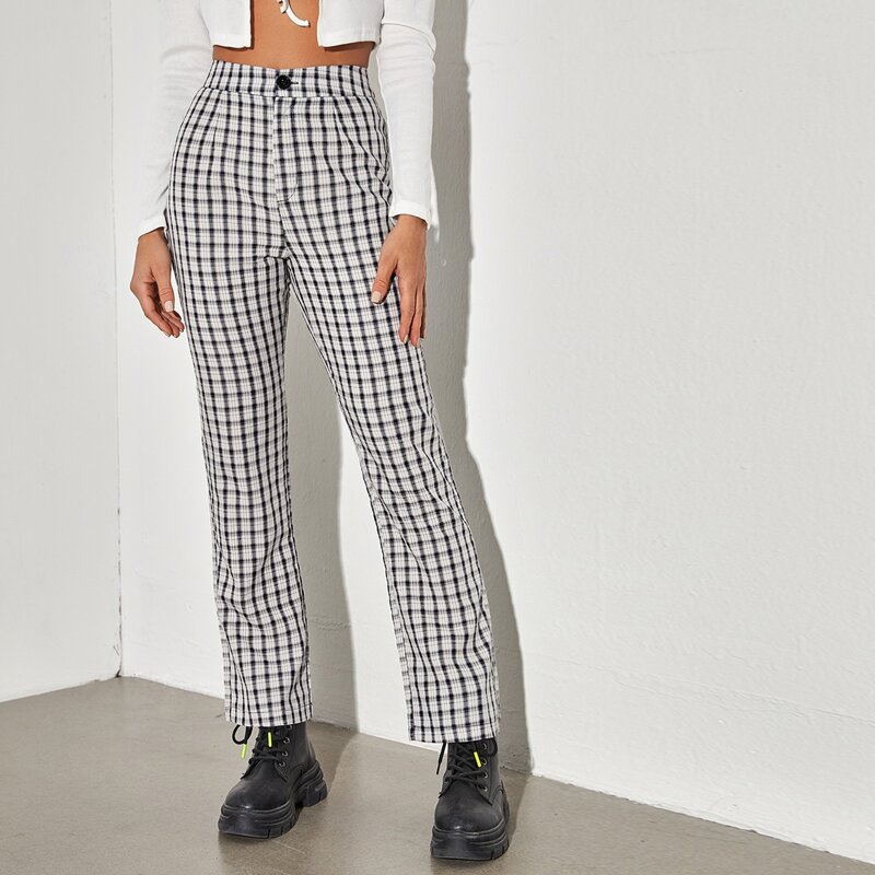 

High Waist Plaid Straight Leg Pants, Black and white