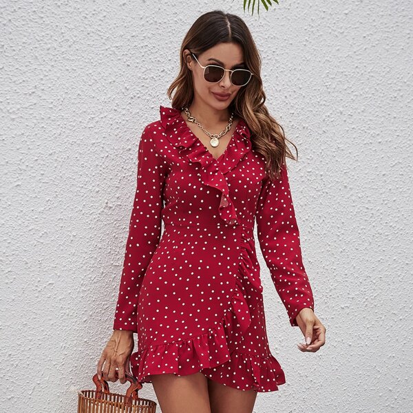 

Ruffle Trim Wrap Hem Polka Dot Dress, Burgundy