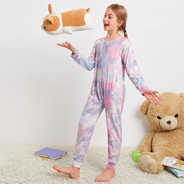 

Girls Tie Dye Slogan Graphic Back Pajama Jumpsuit, Multicolor