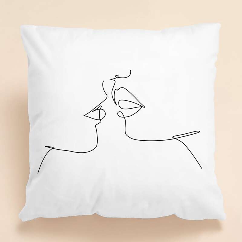 

Line Face Print Cushion Cover Without Filler, Black and white