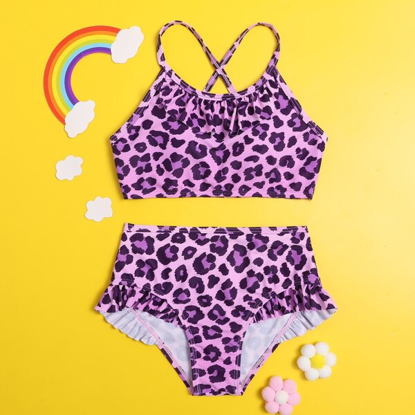 

Girls Allover Graphic Ruffle Bikini Swimsuit, Purple