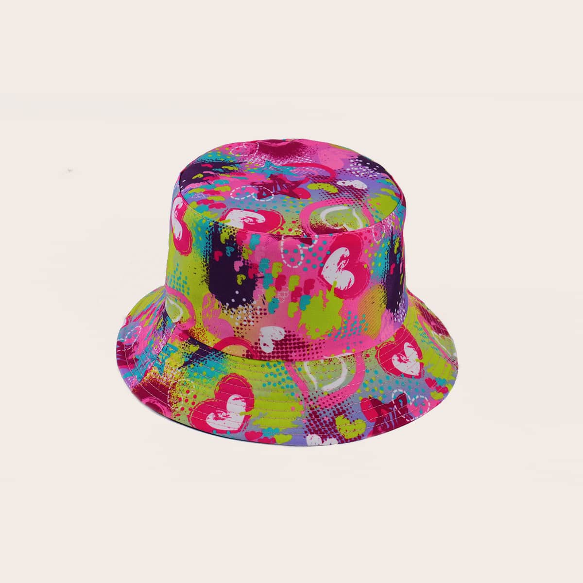 

Allover Heart Print Bucket Hat, Multicolor