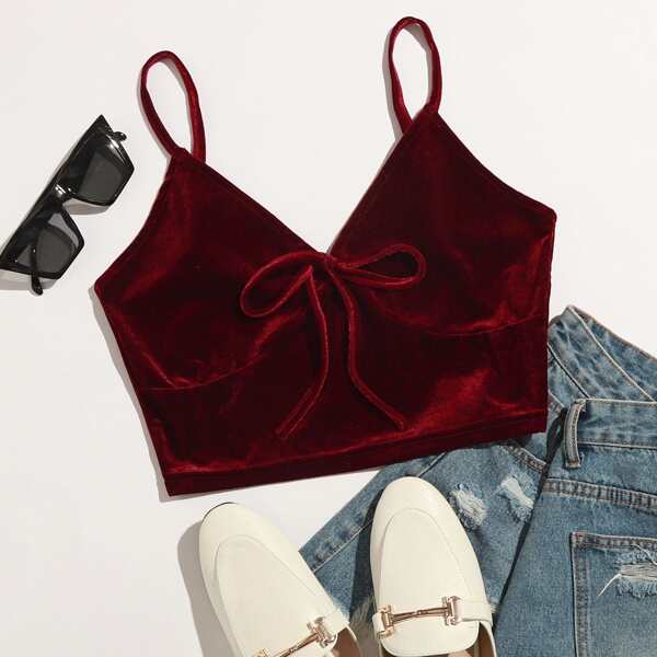

Plus Solid Knotted Velvet Crop Cami Top, Maroon