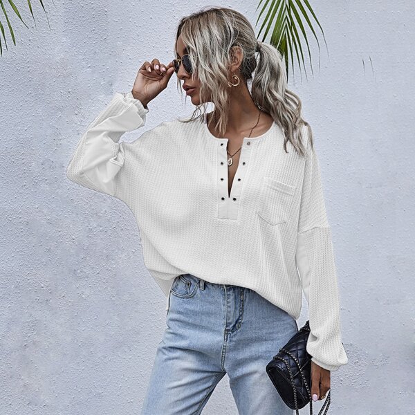 

Notched Neck Waffle Knit Drop Shoulder Tee, White