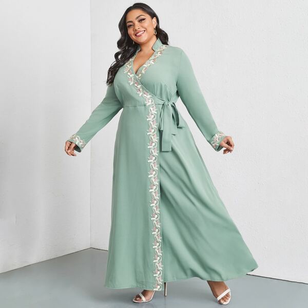 

Plus Notched Appliques Tie Side Wrap Dress, Mint green