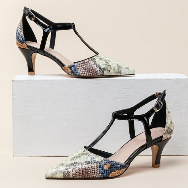 

Point Toe Snakeskin Print T-strap Pumps, Multicolor