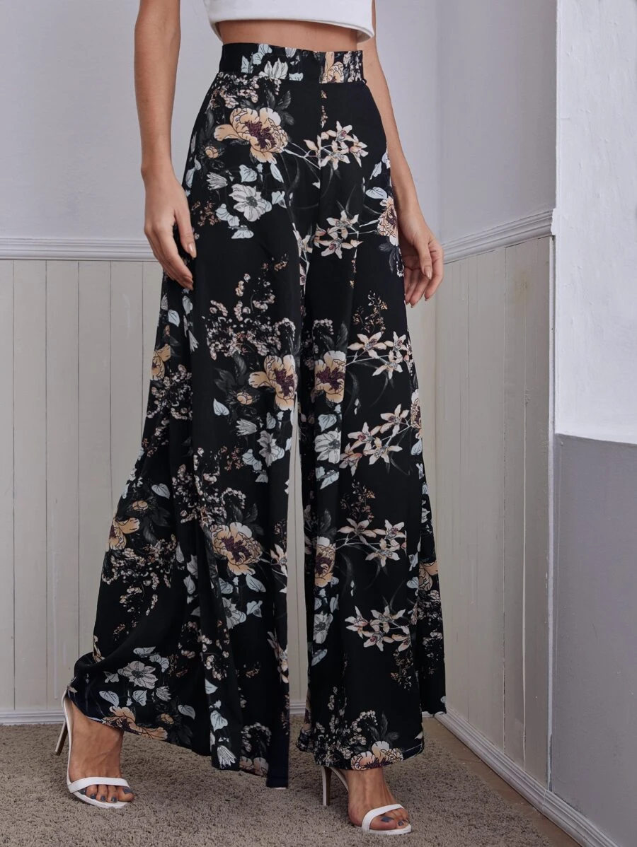 SHEIN Unity Quần Dây kéo Hoa Boho - màu đen - Xem 1