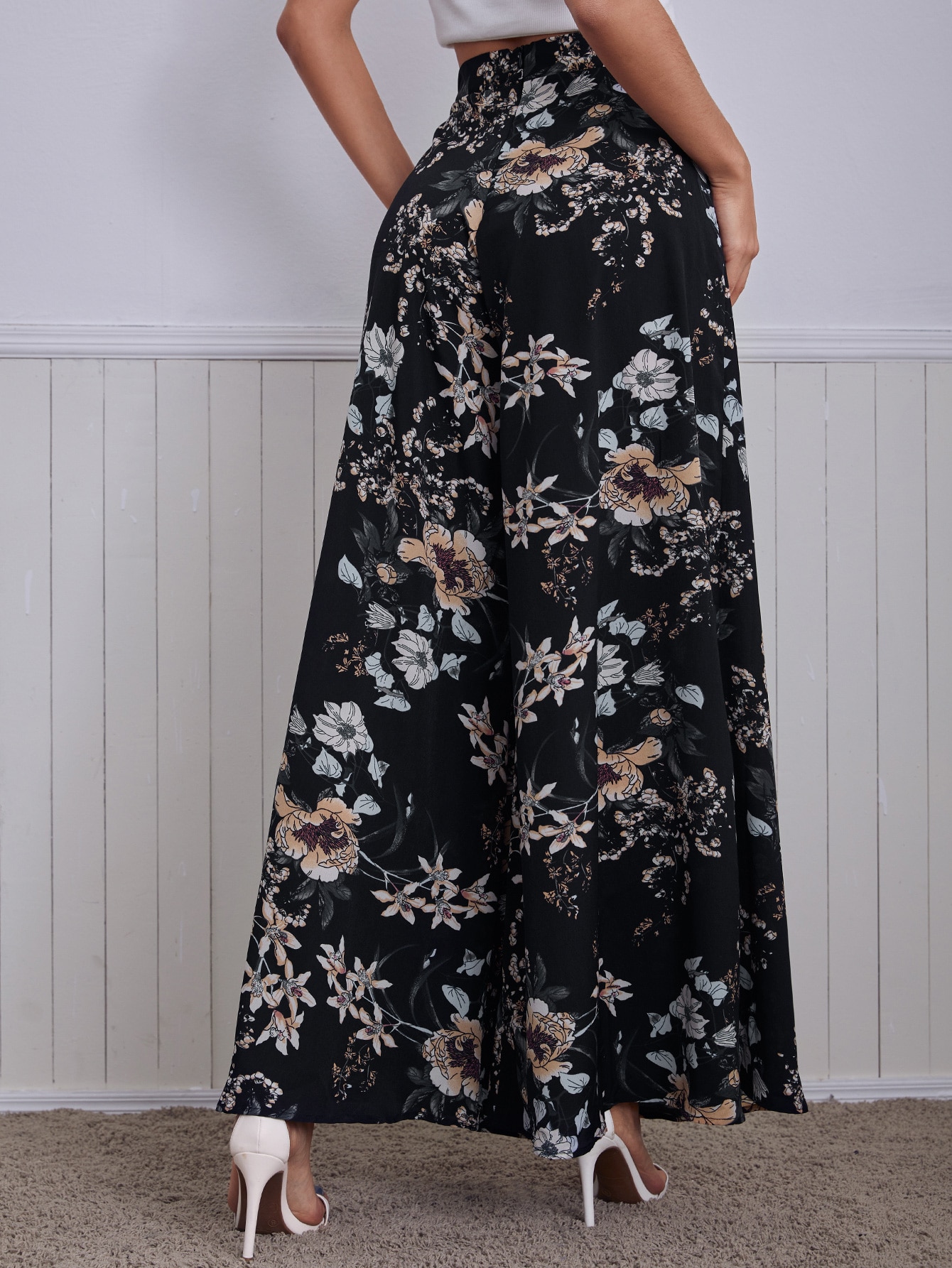 Zip Back Floral Print Wide Leg Pants SHEIN USA
