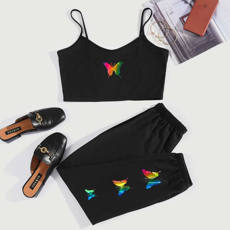 

Colorful Butterfly Graphic Crop Top & Joggers Set, Black