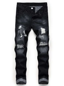 Manfinity LEGND Men Ripped Zipper Fly Jeans - Black - View 1