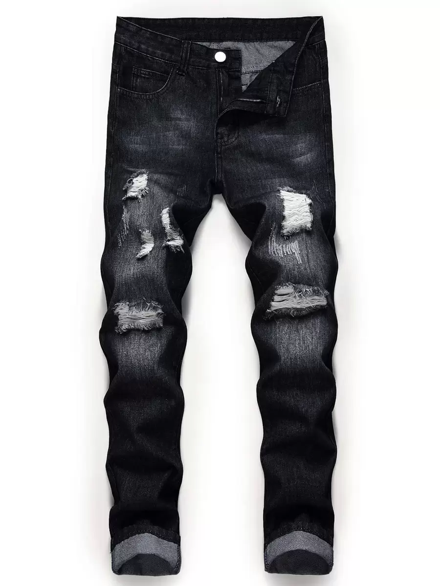Manfinity LEGND Men Ripped Zipper Fly Jeans - Black - View 1