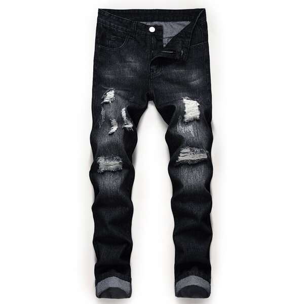 

Men Ripped Zipper Fly Jeans, Black
