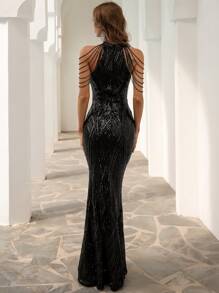 Missord Halter Neck Sequin Mermaid Prom Dress Black Elegant Formal Evening Wedding Guest Gown, For Graduation, Dinner Party Dress Spring - Black - View 3