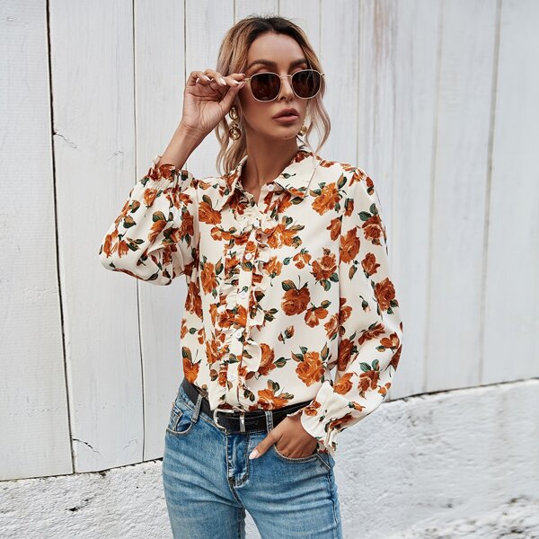 

Allover Floral Print Ruffle Trimed Blouse, Multicolor