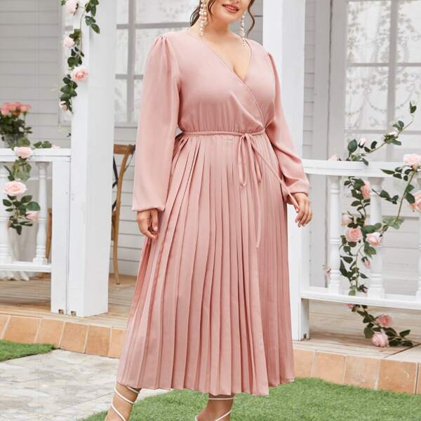 

Plus Surplice Front Belted Pleated Hem Dress, Dusty pink