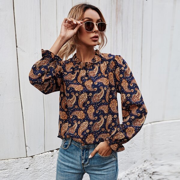 

Allover Print Ruffle Neck Blouse, Multicolor