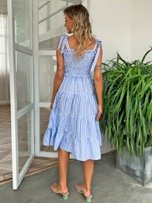 Joyfunear Knotted Shoulder Shirred Striped Cami Dress - Blue and White - View 2