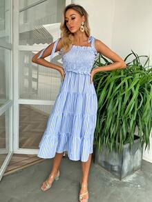 Joyfunear Knotted Shoulder Shirred Striped Cami Dress - Blue and White - View 5