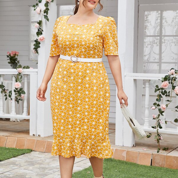 

Plus Eyelet Embroidery Puff Sleeve Ruffle Hem Dress Without Belt, Yellow