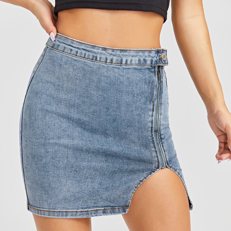 

Zip Fly Slit Hem Denim Skirt, Medium wash