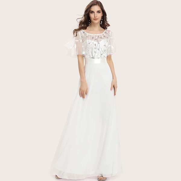 

Flutter Sleeve Embroidered Mesh Yoke Chiffon Prom Dress, White
