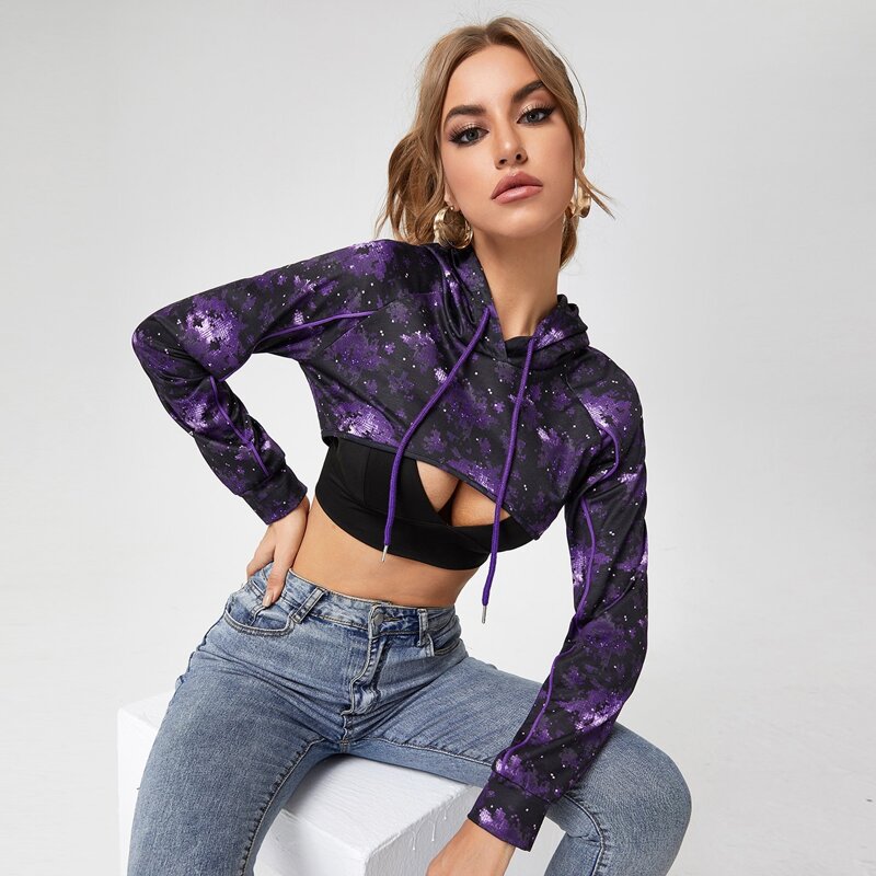 

Allover Print Super Crop Drawstring Hoodie, Multicolor