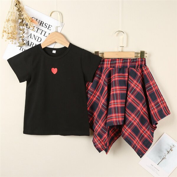 

Girls Heart Print Tee & Tartan Hanky Hem Skirt, Multicolor