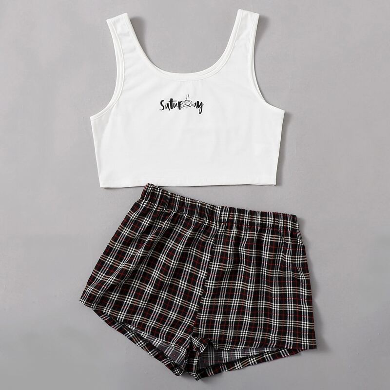 

Letter Graphic Tank & Plaid Shorts PJ Set, Multicolor