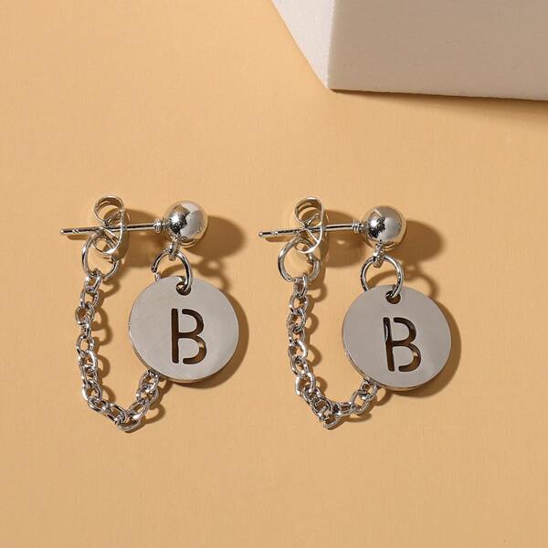 

Letter Design Round Charm Earrings, Silver