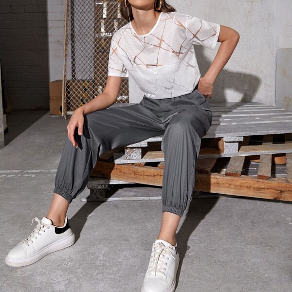 

Geo Print Semi Sheer Tee & Joggers Set Without Cami Top, Multicolor