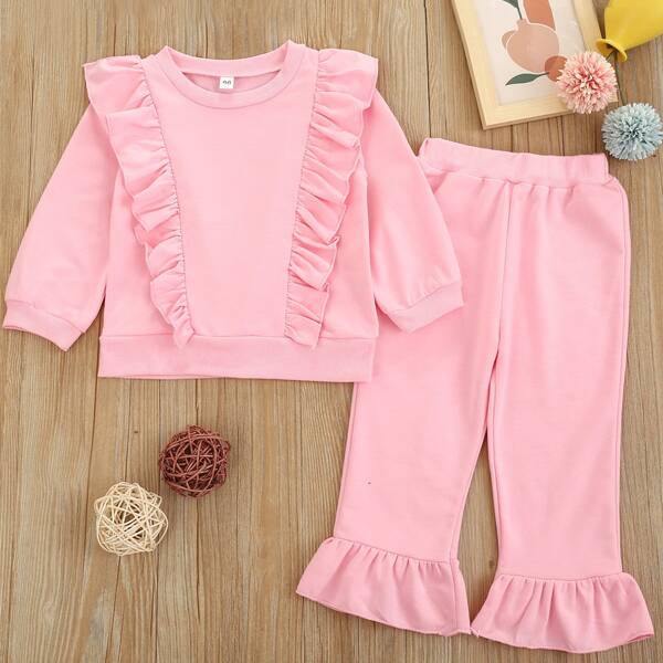 

Toddler Girls Ruffle Trimed Sweatshirt & Flare Pants, Baby pink