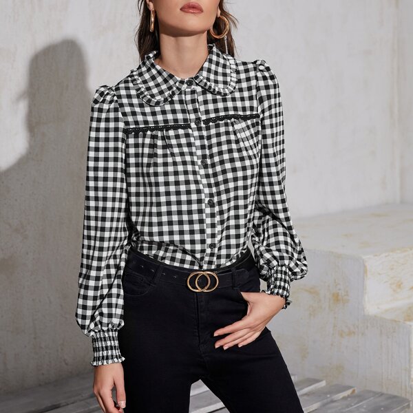 

Gingham Peter Pan Collar Puff Sleeve Blouse, Black and white