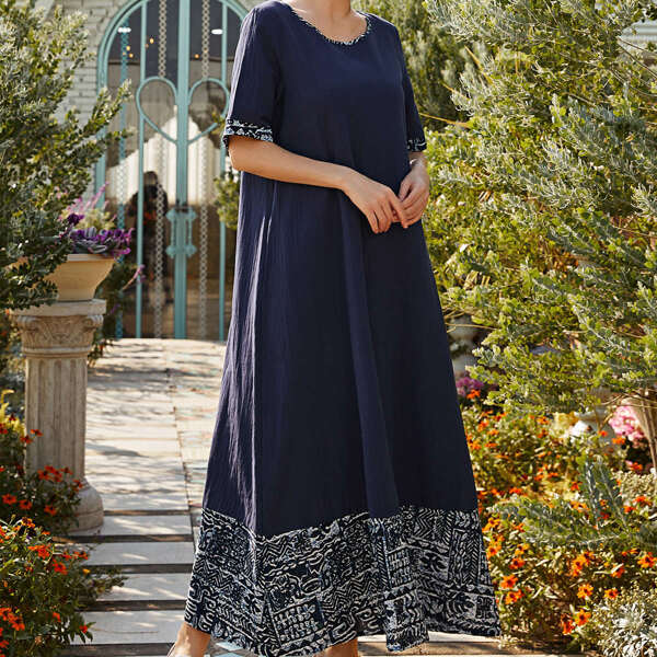 

Contrast Panel Babydoll Dress, Navy blue