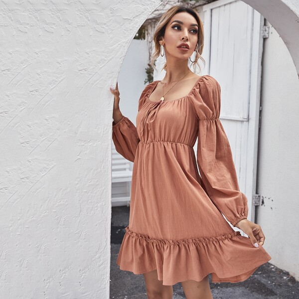 

Lantern Sleeve Ruffle Hem Dress, Coral orange
