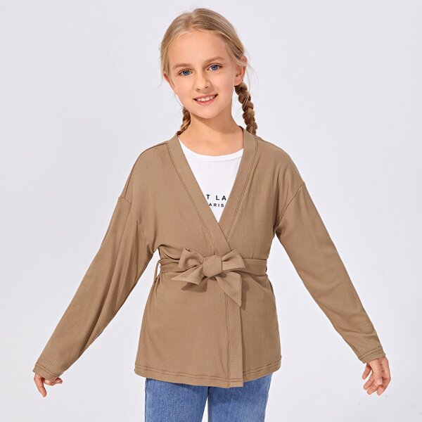 

Girls Open Front Drop Shoulder Belted Coat, Mocha brown