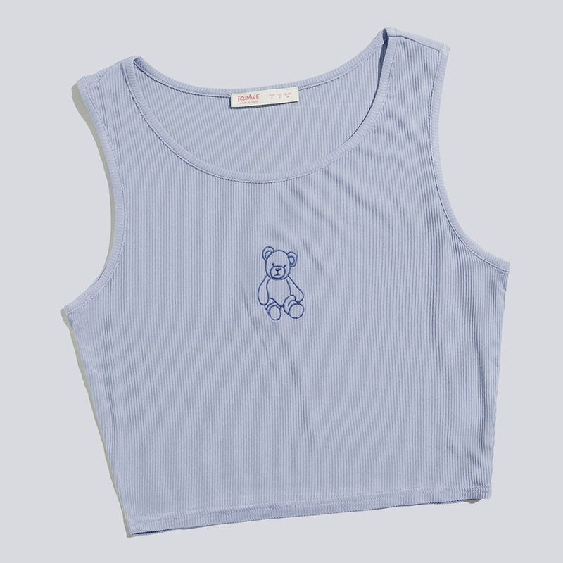 

Cartoon Bear Crop Tank Top, Dusty blue